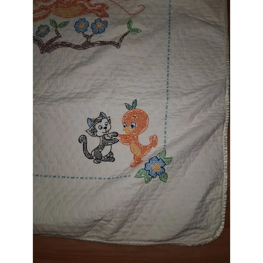 Vintage Disney Quilt Hand Embroidered Orange Bird Nursey Baby Quilt